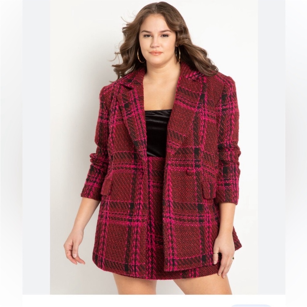 ❤️ELOQUII BOLD PINK, RED & BLACK DOUBLE BREASTED TWILL BLAZER